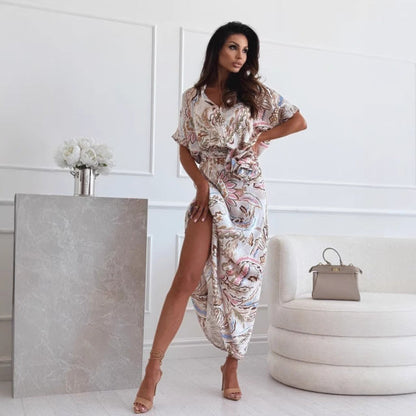 Damklänning midi – Vintageblommigt tryck – Ståkrage – Midjeband – Kort ärm