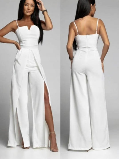 Dam jumpsuit – Smickrande slim fit – Axelbandslös – Vida ben med frontslitsar