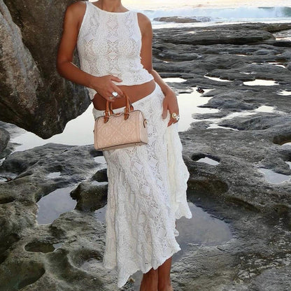 Damset – Texturerad Ärmös Crop Top – A-linjeformad Midikjol – Avslappnad Passform