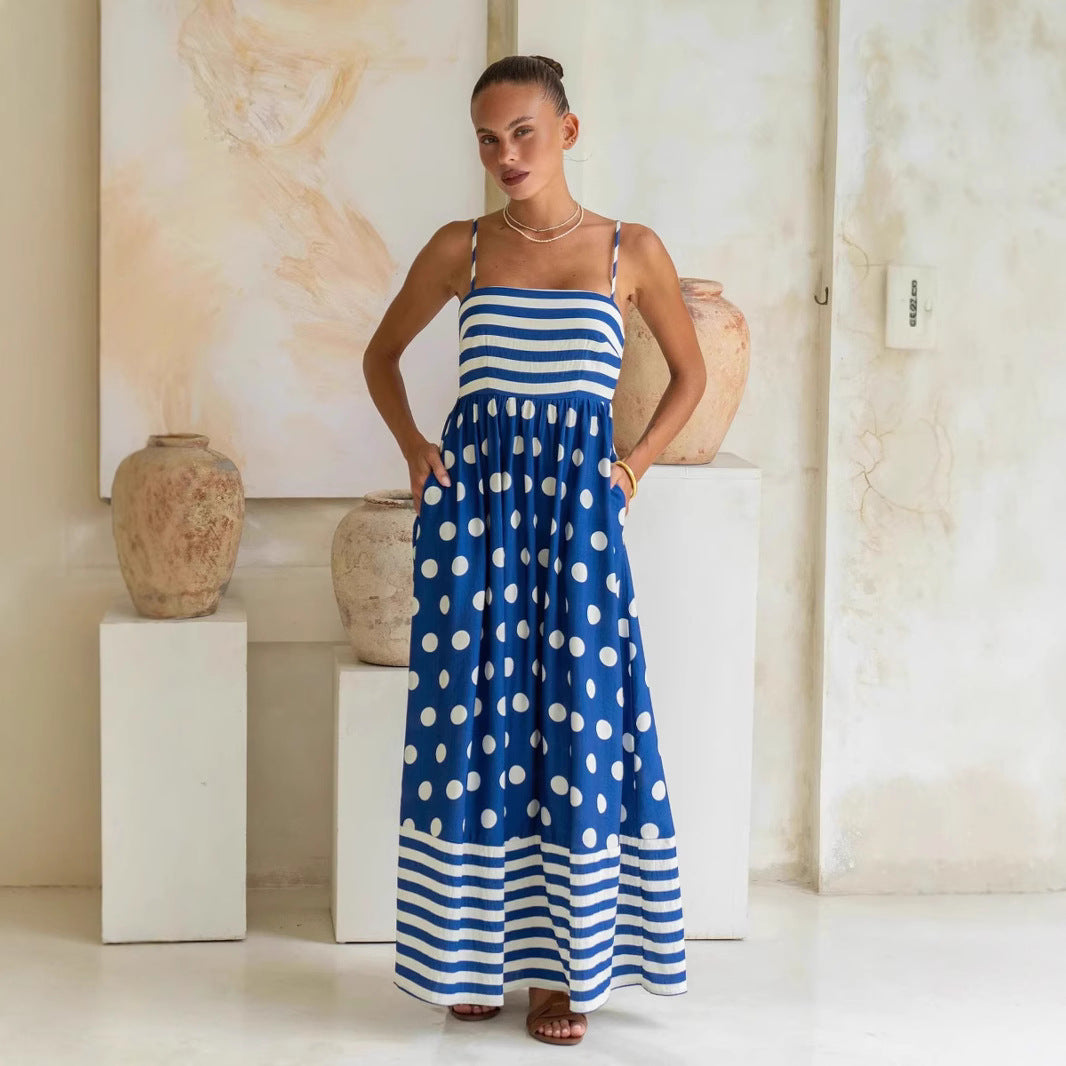 Damklänning maxi – A-linjeformad passform – Spagettiband – Bomull – Mönstrad – Fickor