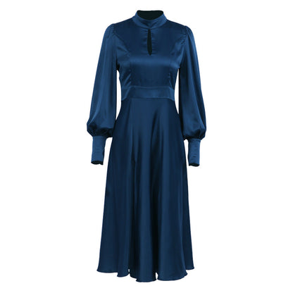 Damklänning – Satin – Hellång – Hög Hals – Puffärm – Elegant Figursydd Passform