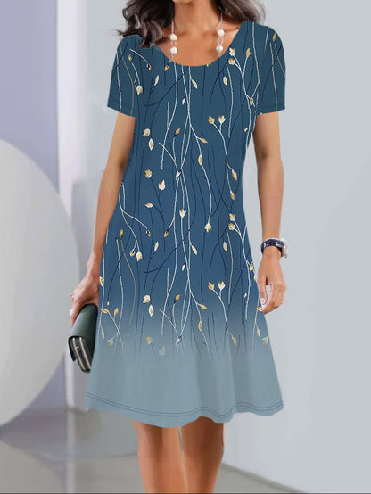 Damklänning A-linje – Blommig – Kort ärm – Rund hals – Bomull – Knälång