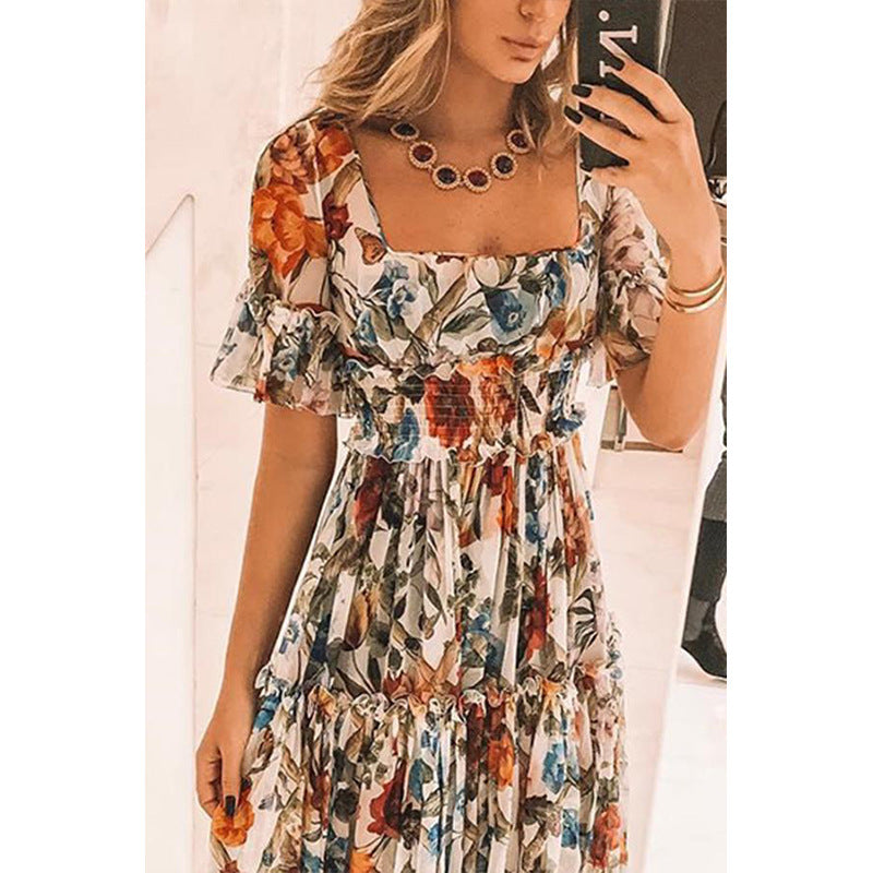 Damklänning maxi – Smockliv – Volangärm – Fyrkantig halsringning – Naturliga fibrer