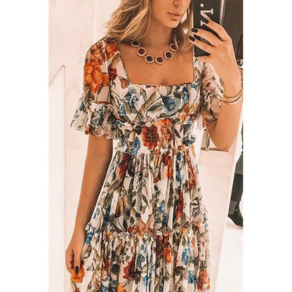 Damklänning maxi – Smockliv – Volangärm – Fyrkantig halsringning – Naturliga fibrer