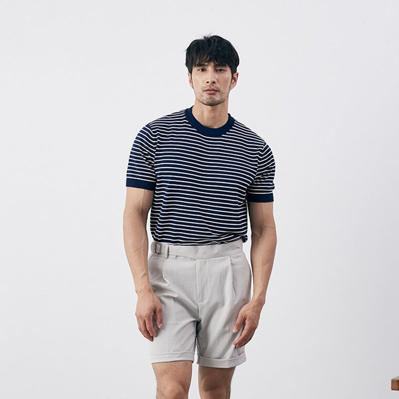 Herr T-shirt – Slim Fit – Stickad Bomullsblandning – Horisontella Ränder