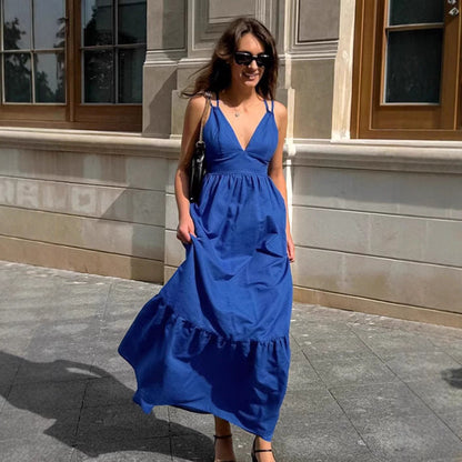 Damklänning maxi – ärmlös V-ringning – bomull linne – lös A-linjeform