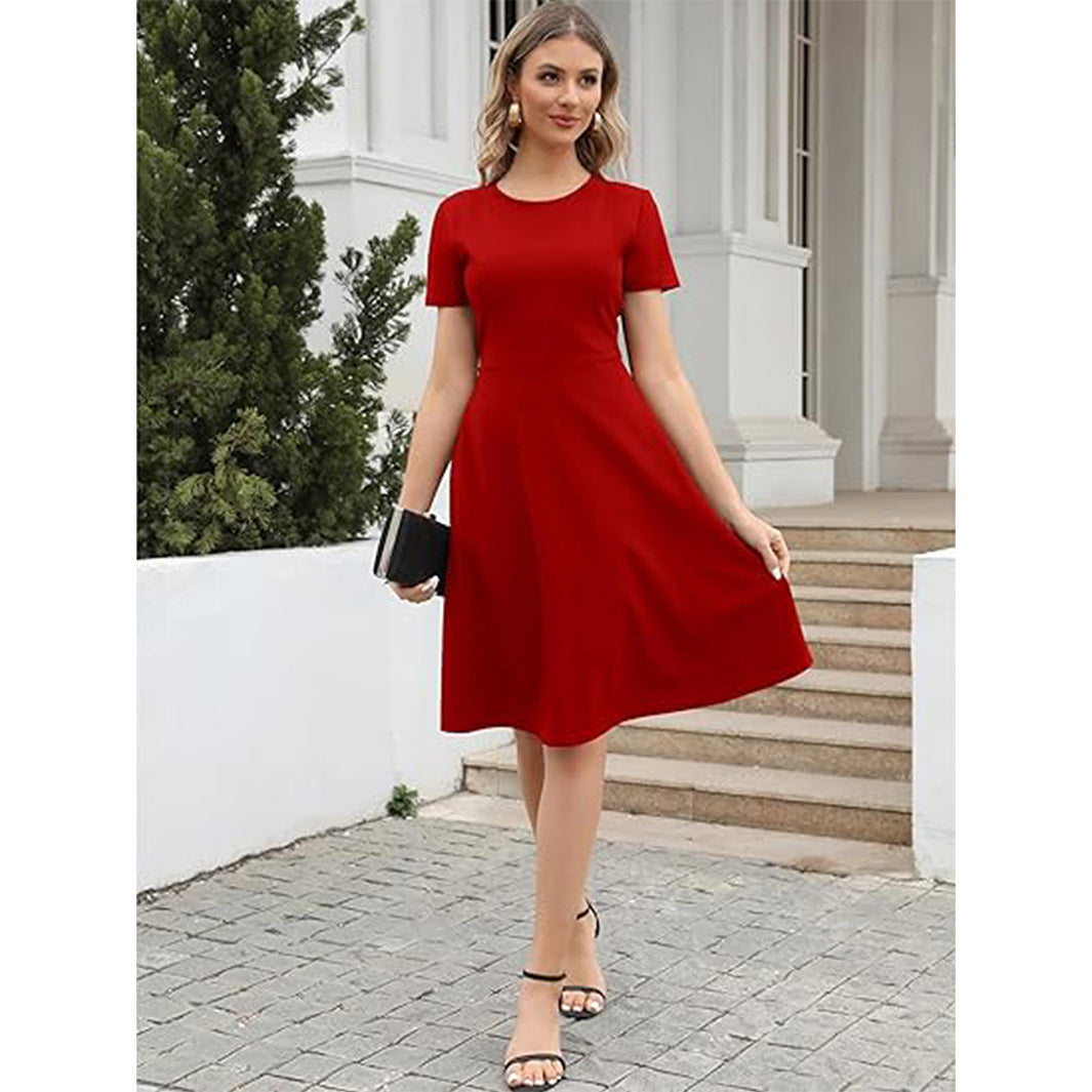 Damklänning – Figursydd A-linjeform – Kort ärm – Rund hals – Knälång Elegant