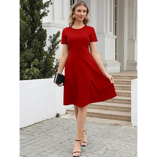 Damklänning – Figursydd A-linjeform – Kort ärm – Rund hals – Knälång Elegant