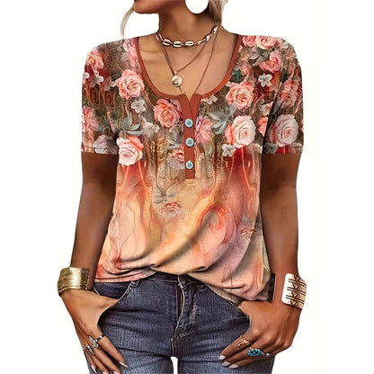 Dam T-shirt – Avslappnad Passform – Bomull – Konstnärligt Blommönster