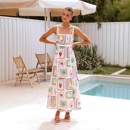 Damklänning maxi – Linneblandning – Geometriskt mönster – Spetsdetalj – Ärmfri avslappnad passform