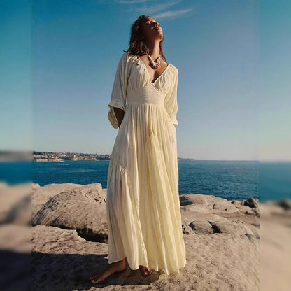 Damklänning maxi – bomullsblandning – avslappnad passform – v-ringning – boho stil