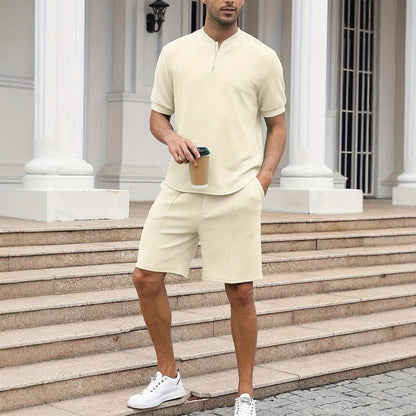 Herrset med zip-tröja och shorts – Avslappnad passform – Lätt och andningsbar waffle-knit
