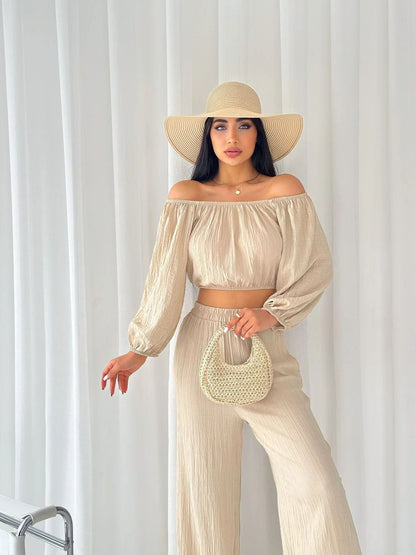 Damset – Off-Shoulder Croptopp – Vida Högmidjade Byxor – Lätt och Andningsbar