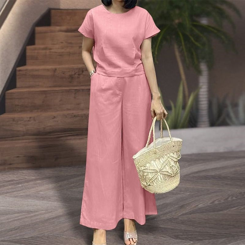 Damset – Avslappnad Passform – Kortärmad Topp med Rund Hals – Vida Byxor i Mjuk Trikå