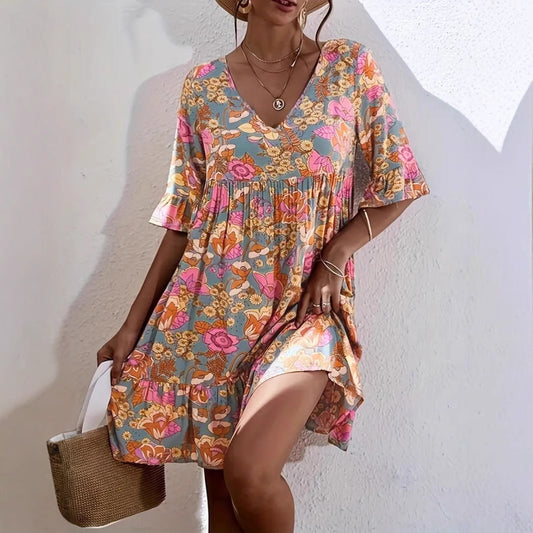 Damklänning boho – V-ringning – Blommigt mönster – 3/4 ärm med volang – Bomull