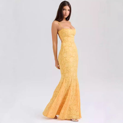 Damklänning maxi – Slim fit – Spagettiband – Spetsdetaljer – Elegant festklänning