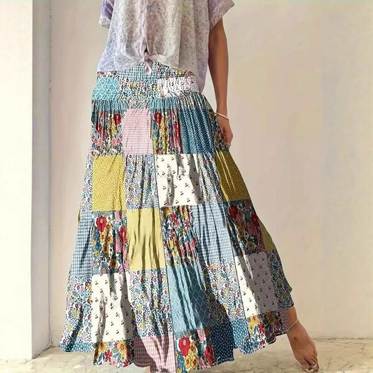 Dam maxi kjol – Patchworkdesign – A-linjeform – Elastisk midja – Bomull