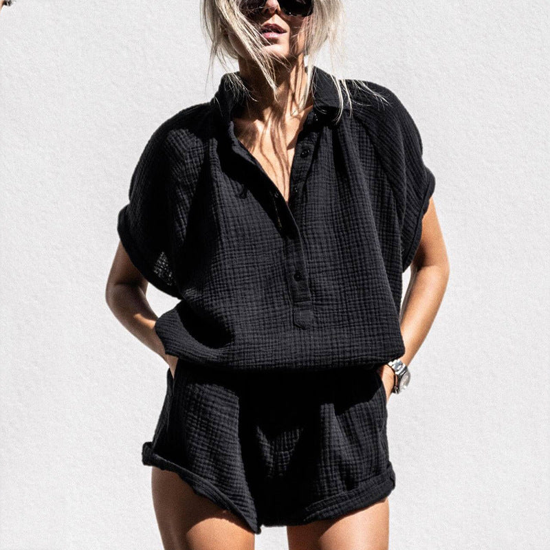 Dam Lounge Set – Bomull – Avslappnad Passform – V-ringad Top med Knappar – Shorts med Resårmidja