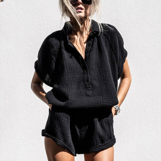Dam Lounge Set – Bomull – Avslappnad Passform – V-ringad Top med Knappar – Shorts med Resårmidja