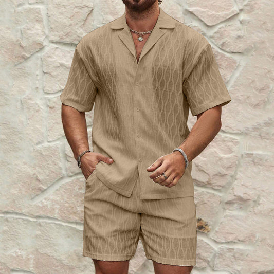 Herrset med skjorta och shorts – Avslappnad passform – Lätt bomull – Texturerad design