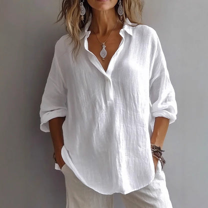 Women’s Relaxed Fit Linen Blouse with Long Sleeves and Open Collar