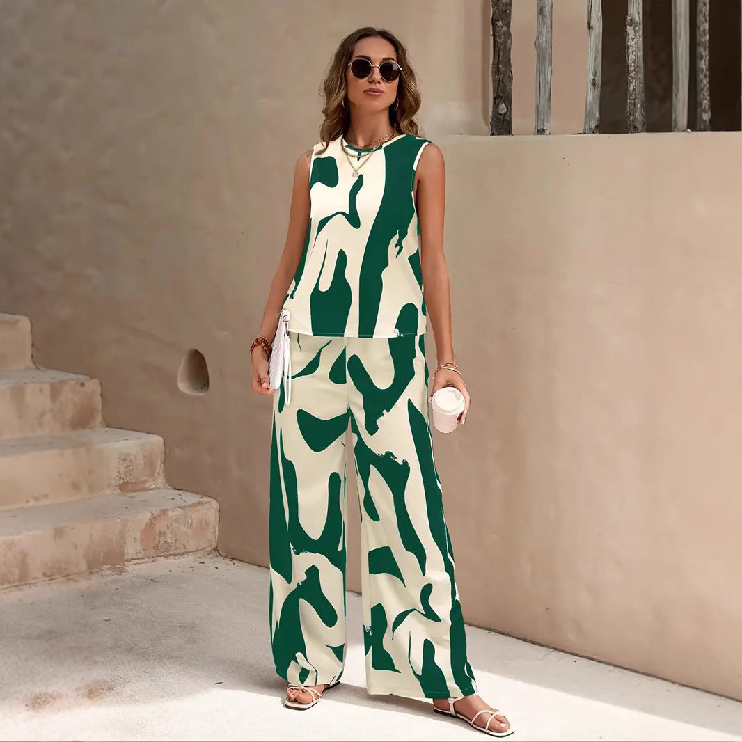 Damset – Ärmlös Topp & Vida Byxor – Avslappnad Passform – Luftigt Tyg