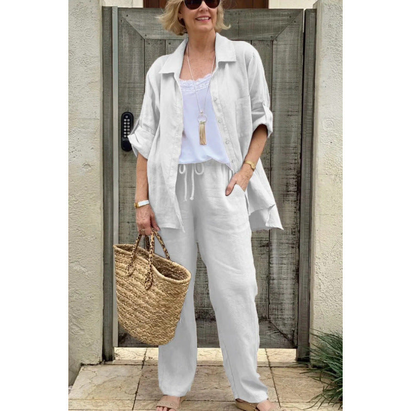 Damsett med skjorta och byxa – Linne – Avslappnad passform – Raka byxor