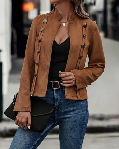 Damjacka – Skräddarsydd Passform – Sammetstextur – Kraglös – Dekorknappar