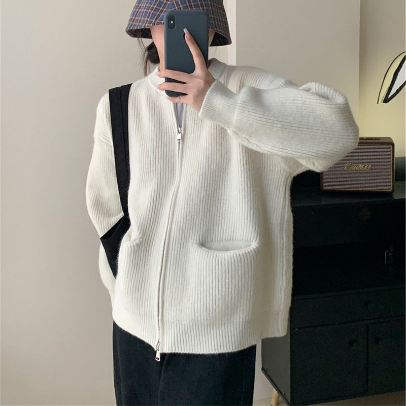 Damkofta – Oversized Passform – Ribbstickad – Tvåvägsdragkedja – Mjuk Stickad Känsla