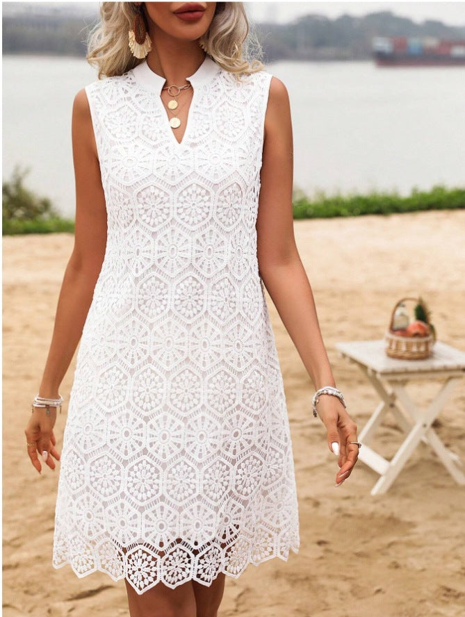 Damklänning - Ärmlös - Spetsöverdrag - V-ringning - A-linjeformad