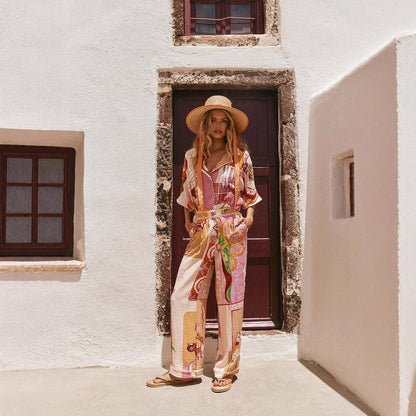 Damset i linne – Avslappnad passform – V-ringad topp med vida ärmar – Vida byxor med resårmidja