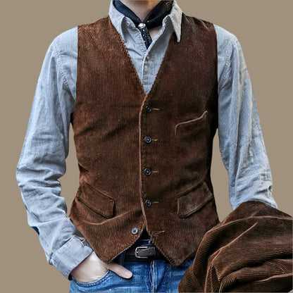 Herrväst – Skräddarsydd Passform – Mjuk Ribbstruktur – Knäppning Fram – Vintage Stil