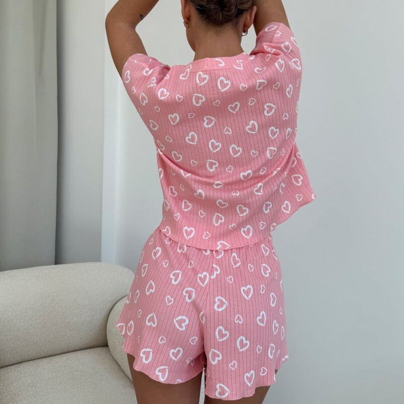 Dam Lounge Shorts Set – Bomullsblandning – Avslappnad Passform – Rund Hals Kort Ärms
