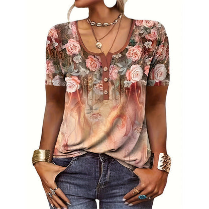 Dam T-shirt – Avslappnad Passform – Bomull – Konstnärligt Blommönster