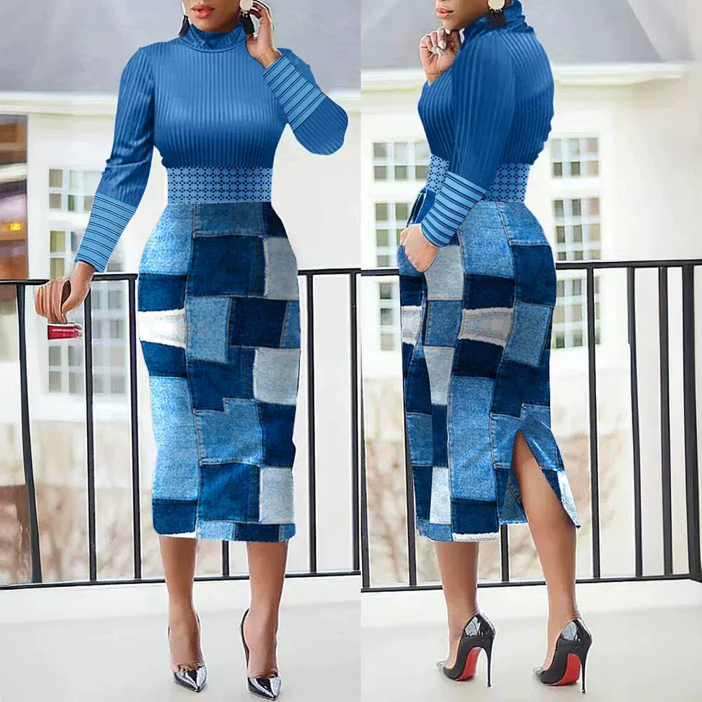 Damklänning Midi – Slim Fit – Prickigt Mönster – Långärmar – Slits Bak