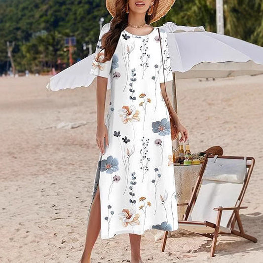 Damklänning maxi – avslappnad passform – blommigt tryck – luftigt material – slitsar