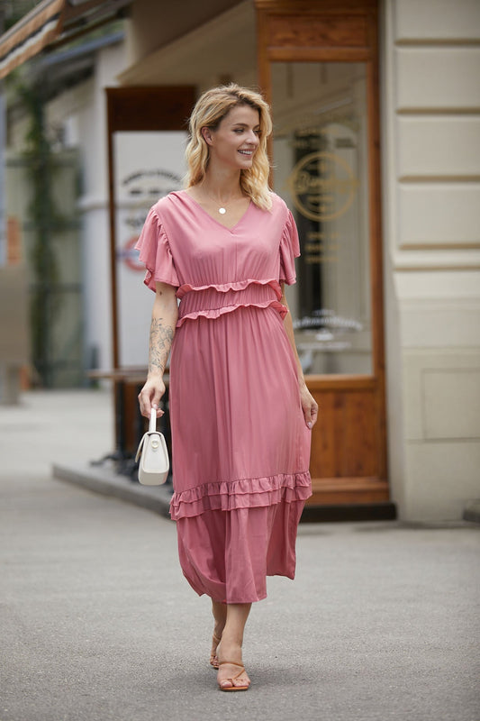 Damklänning Maxi – V-ringning – Volangdetaljer – Luftiga Ärm – Avslappnad Passform