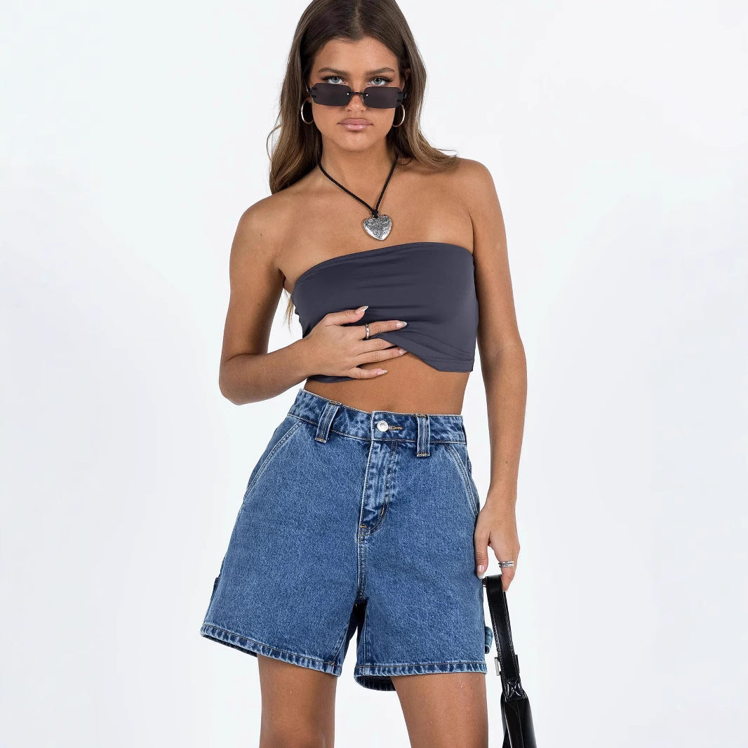 Damshorts – Denim – Avslappnad Passform – Mellanhög Midja – 5-Ficksdesign