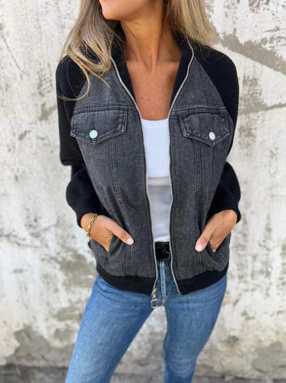 Dam Jacka Bomber – Ullmix – Denim Detaljer – Avslappnad Passform – Dragkedja – Höftlängd