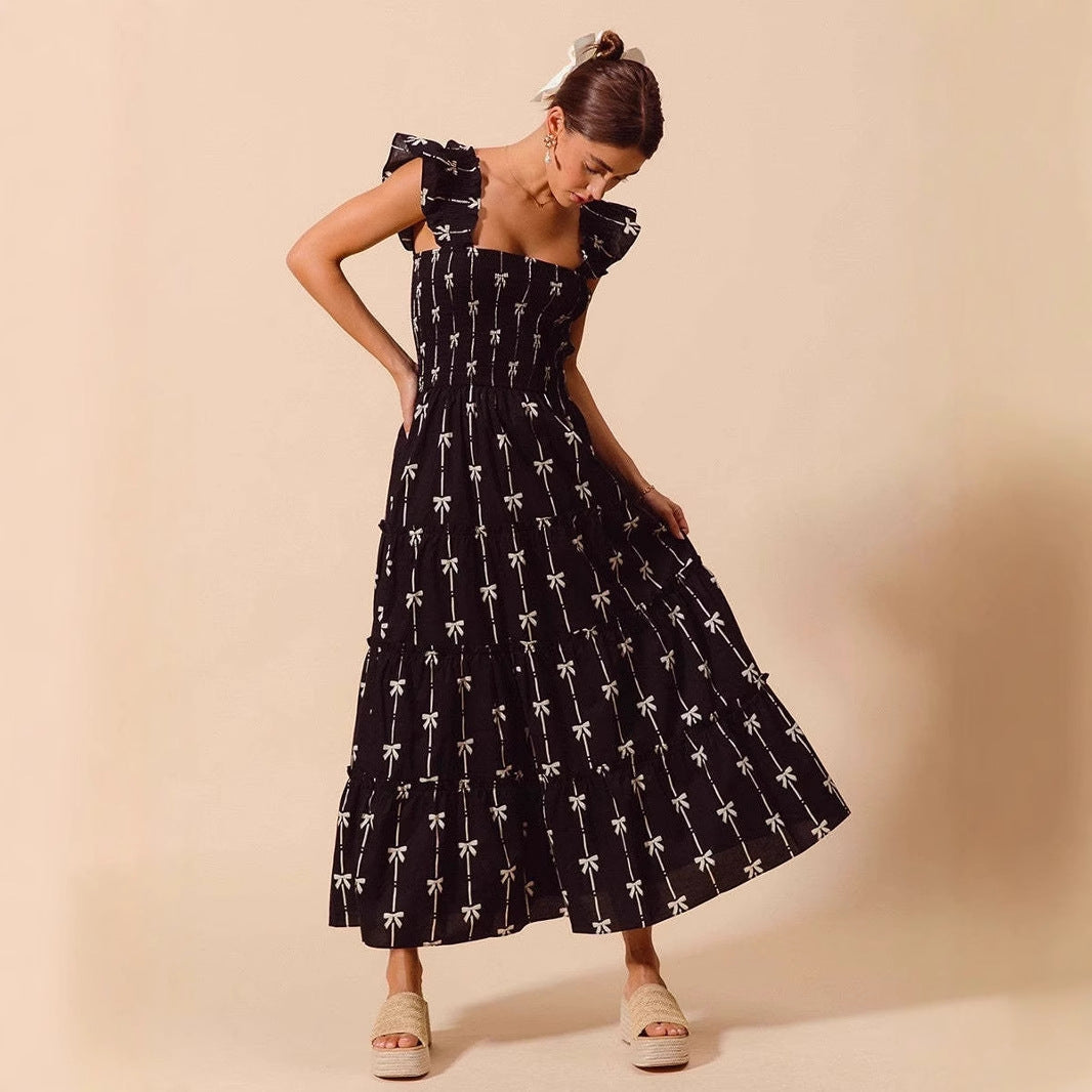 Damklänning Maxi – Smockliv – Volangaxelband – Mönstrad – Lätt Bomullskänsla