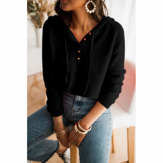 Dam Hoodie – Avslappnad Passform – Stickad Struktur – Knappar – Justerbar Huva
