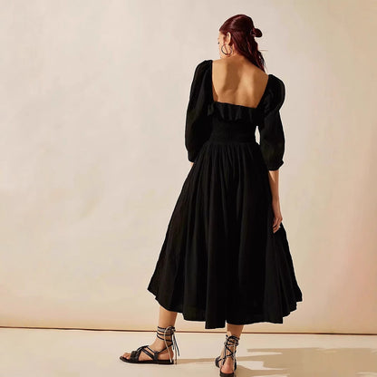 Damklänning A-linje – Bomullsblandning – V-ringning med volang – Smockmidja – Lång ärm