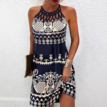 Damklänning halterneck – Slim fit – Meshdetalj – Minilängd – Bladmönster