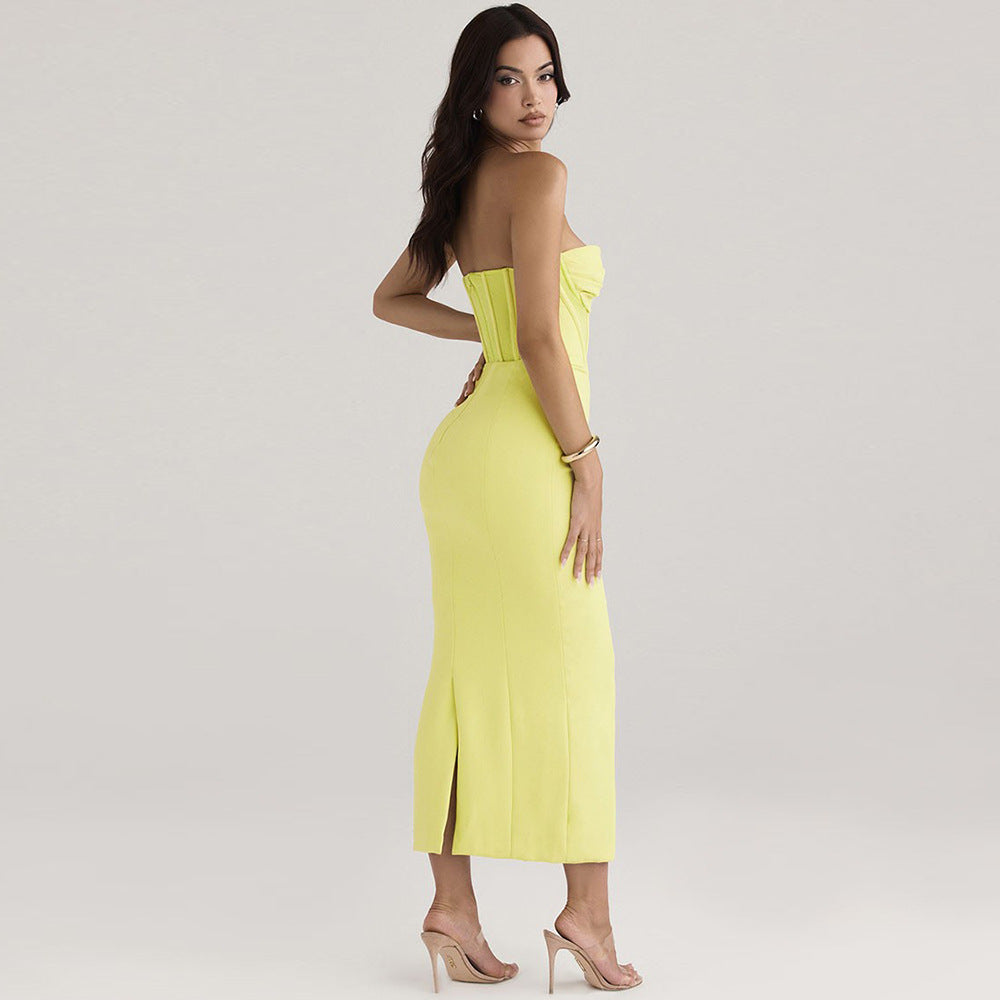Klänning dam – Axelbandslös bodycon – Figurnära passform – Korsettliv – Midilängd