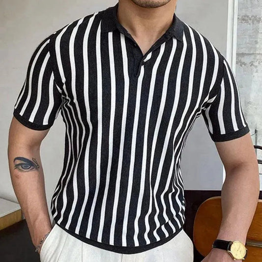 Herrpikétröja – Slim Fit – Andningsbart Tyg – Vertikala Ränder – Kort Ärm