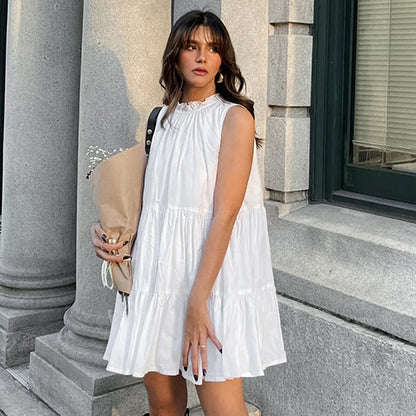 Damklänning – A-linjeformad – Lös passform – Ärmlös – Volangkant – Lätt bomullstyg