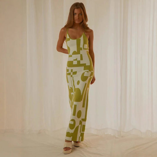 Klänning dam – Maxi Bodycon – Spagettiband – Abstrakt mönster – Stretchtyg