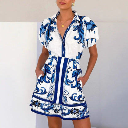 Damset med puffärm topp och A-linjekjol – Linneblandning – Knäppning och fickor