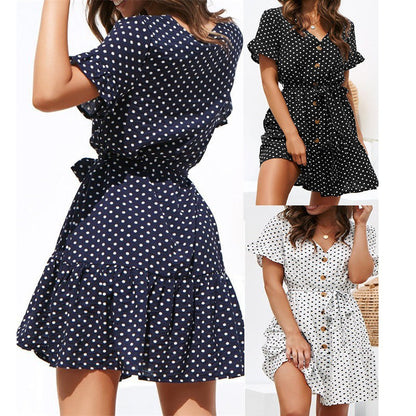 Damklänning – Prickig – Kort ärm – Volangkant – Avslappnad passform – Bomull