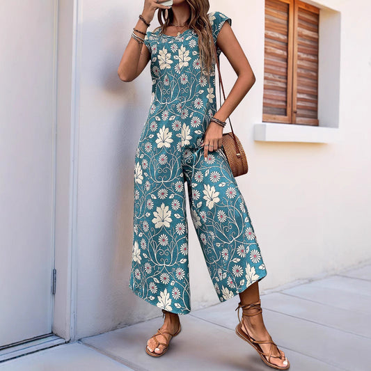 Dam Jumpsuit – Avslappnad Passform – Vida Ben – Kort Ärm – Blommig – Bomullsblandning